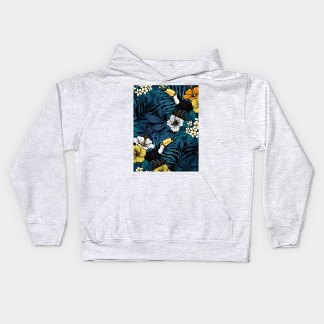 Toucans amd tropical flora, blue , yellow , orange and white Kids Hoodie by katerinamk